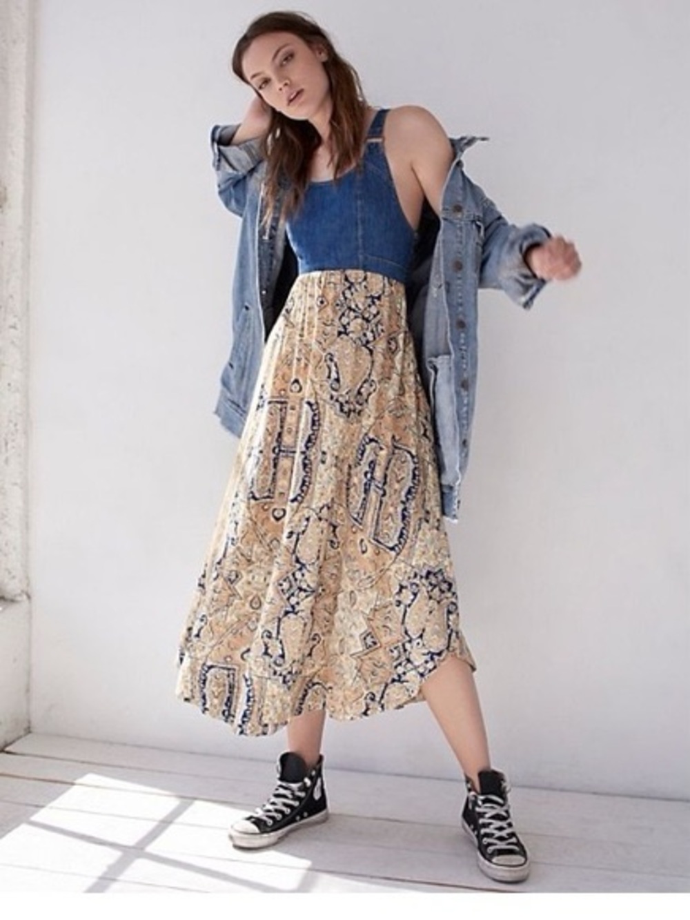 Free People This Is The One Sleeveless Denim and Paisley Print Maxi Dress